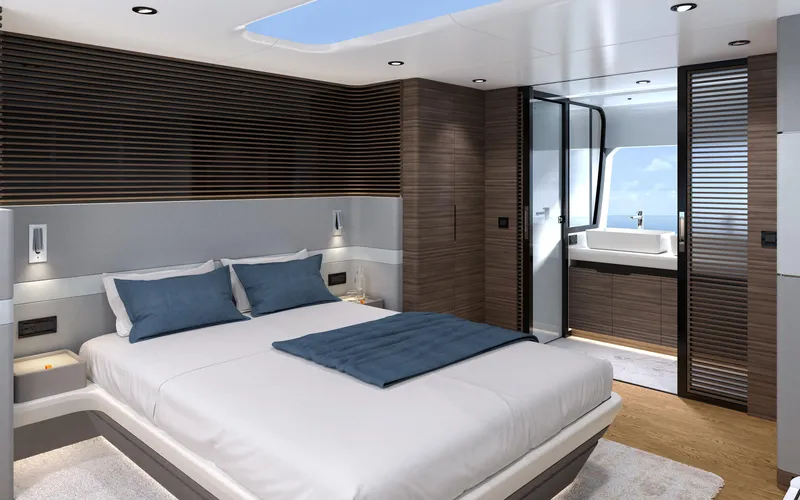  Yacht Photos Pics Luxurious bedroom interior of 2022 CL Yachts CLX96 with modern design and ensuite bathroom.