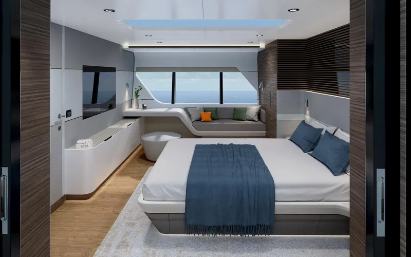  Yacht Photos Pics Luxurious 2022 CL Yachts CLX96 bedroom with modern design and ocean view.