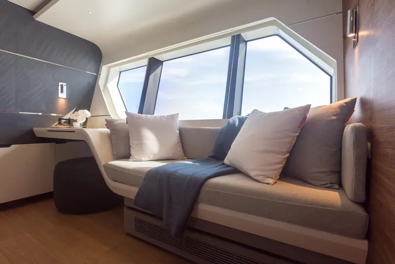  Yacht Photos Pics Luxurious interior of 2022 CL Yachts CLX96 with modern seating and large windows.