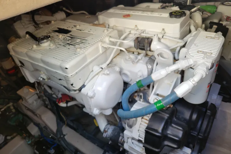  Yacht Photos Pics Engine compartment of a 2017 Sea Ray Sundancer 460 yacht, showcasing mechanical components.
