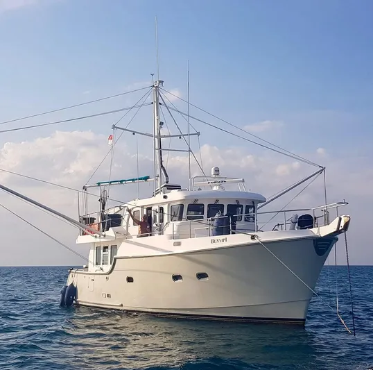 Bunyip I Yacht Photos Pics Nordhavn 47 yacht from 2002 on calm sea under clear sky.