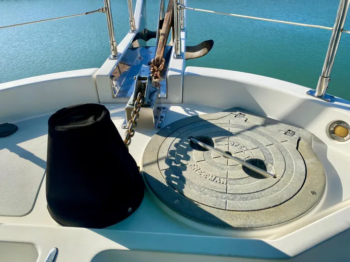 Bunyip I Yacht Photos Pics Deck of 2002 Nordhavn 47 yacht with anchor chain and hatch cover.