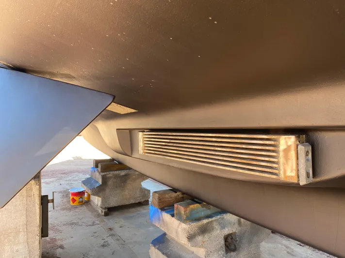 Bunyip I Yacht Photos Pics Bottom view of a 2002 Nordhavn 47 boat hull on blocks.