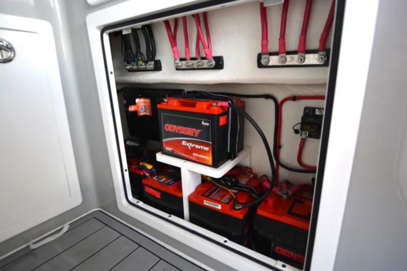 Carolina Bluewater Yacht Photos Pics Electrical compartment of 2024 Costa Custom Boats 264HC with Odyssey batteries and wiring.