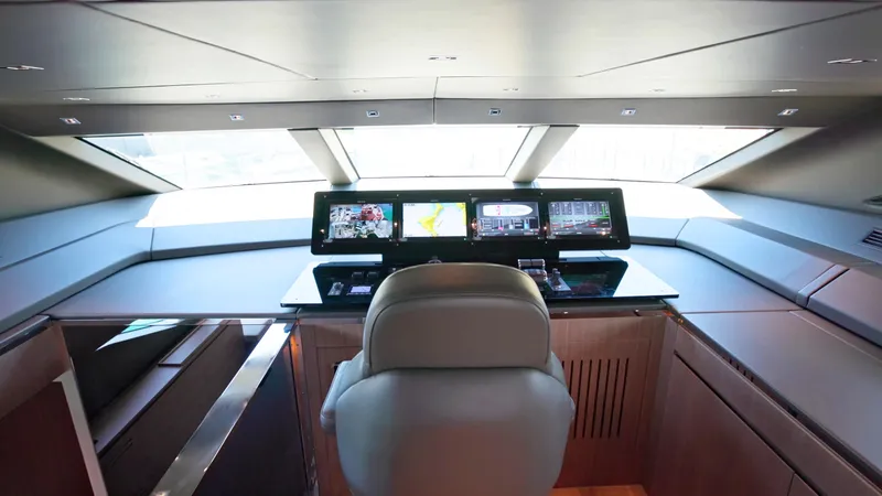 Eight44 Yacht Photos Pics Modern helm station of 2025 Sanlorenzo SL90A yacht with advanced navigation displays.