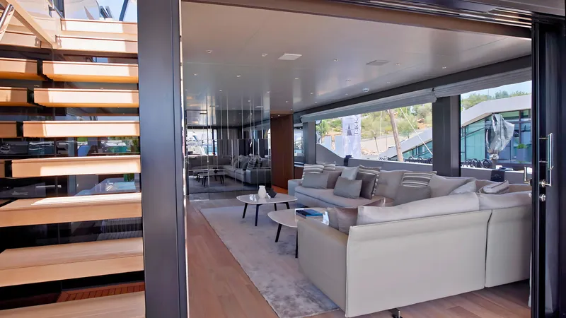 Eight44 Yacht Photos Pics Luxurious interior of 2025 Sanlorenzo SL90A yacht with modern furnishings and spacious design.