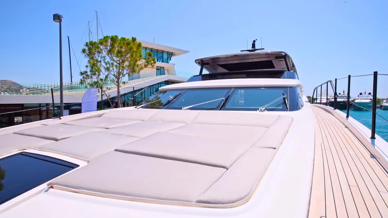 Eight44 Yacht Photos Pics 2025 Sanlorenzo SL90A yacht with spacious deck and modern design in marina setting.