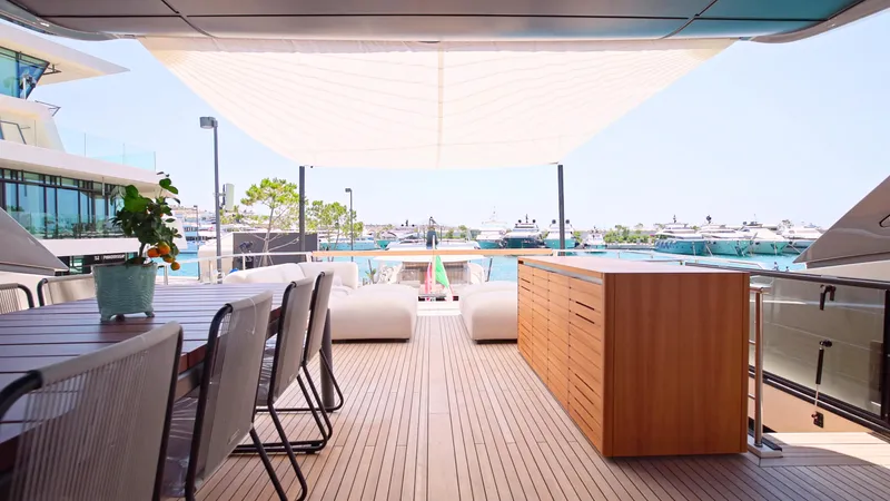 Eight44 Yacht Photos Pics Luxurious Sanlorenzo SL90A yacht deck with elegant seating and ocean view, 2025 model.