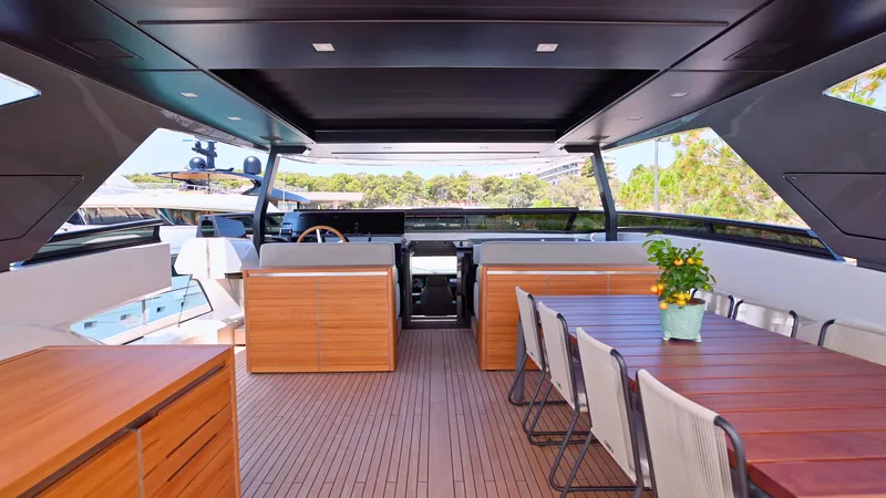 Eight44 Yacht Photos Pics Luxurious 2025 Sanlorenzo SL90A yacht interior with elegant dining area and modern design.