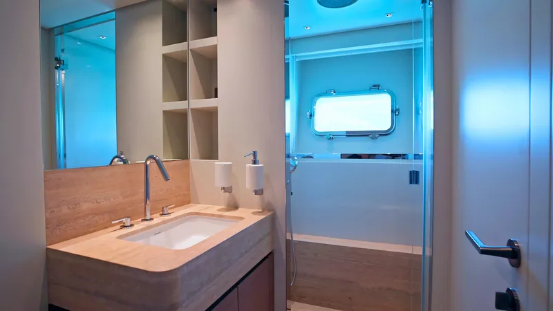 Eight44 Yacht Photos Pics Luxurious bathroom interior of 2025 Sanlorenzo SL90A yacht with modern fixtures and ambient lighting.