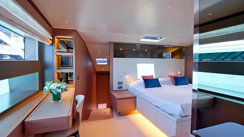 Eight44 Yacht Photos Pics Luxurious interior of 2025 Sanlorenzo SL90A yacht with modern bedroom and elegant decor.