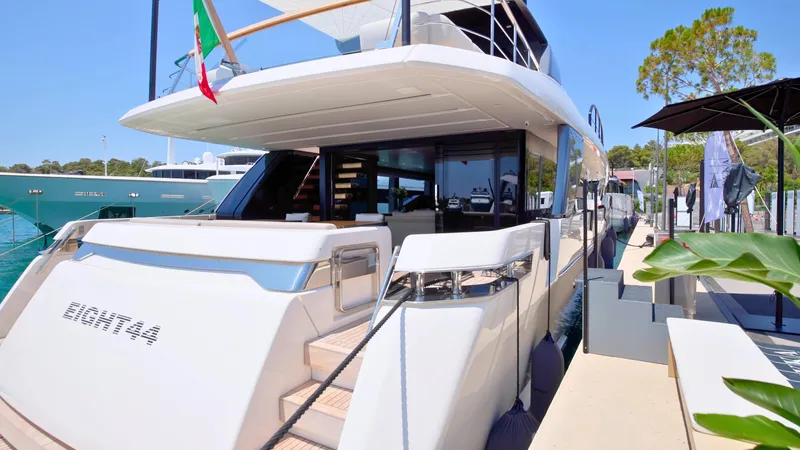 Eight44 Yacht Photos Pics 2025 Sanlorenzo SL90A luxury yacht docked, showcasing sleek design and modern features.