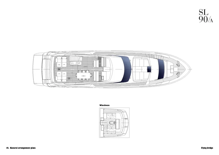Eight44 Yacht Photos Pics Top view of 2025 Sanlorenzo SL90A yacht's general arrangement and flying bridge layout.