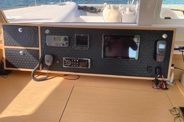 St Andrews Yacht Photos Pics Navigation panel of 2014 Lagoon 450 F Owners Version catamaran with communication devices.
