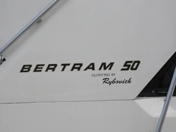  Yacht Photos Pics 1989 Bertram Convertible 50 yacht, outfitted by Rybovich, logo detail.