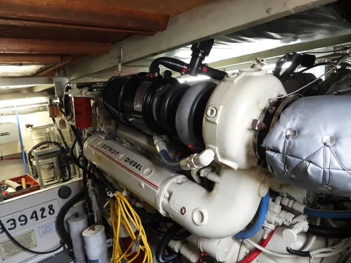  Yacht Photos Pics Engine room of a 1989 Bertram Convertible with Detroit Diesel engine.