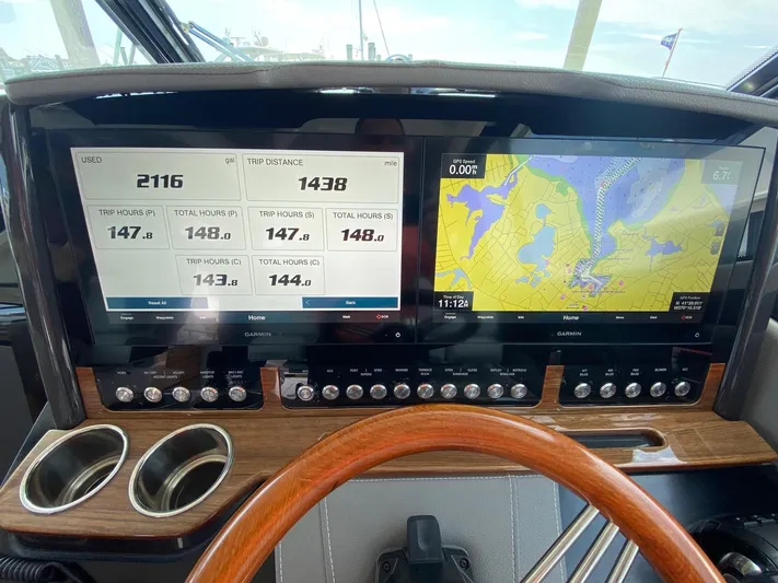  Yacht Photos Pics Dashboard of 2021 Tiara Yachts 43 LE with navigation and trip data displays.