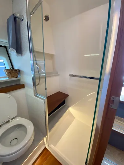  Yacht Photos Pics 2021 Tiara Yachts 43 LE bathroom with shower, toilet, and modern fixtures.