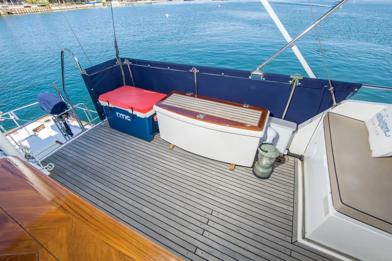 Dauntless Yacht Photos Pics Deck of 1995 Grand Banks 42 Classic yacht with seating and storage.