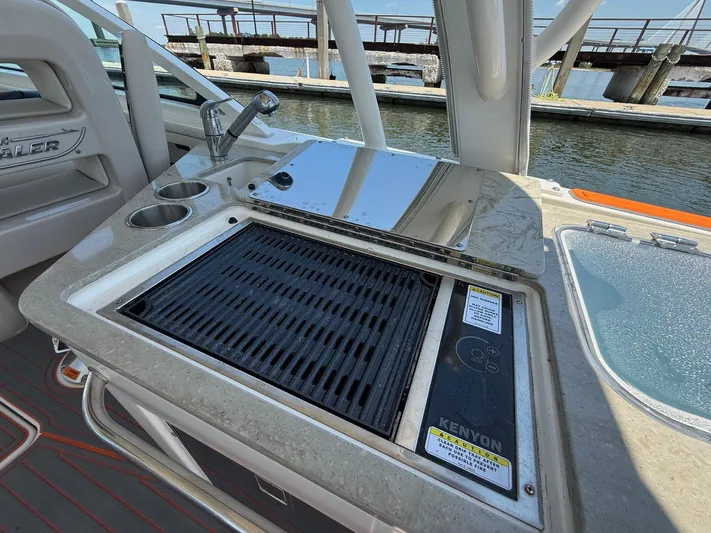  Yacht Photos Pics 2019 Boston Whaler 320 Vantage boat grill and sink area by the dock.