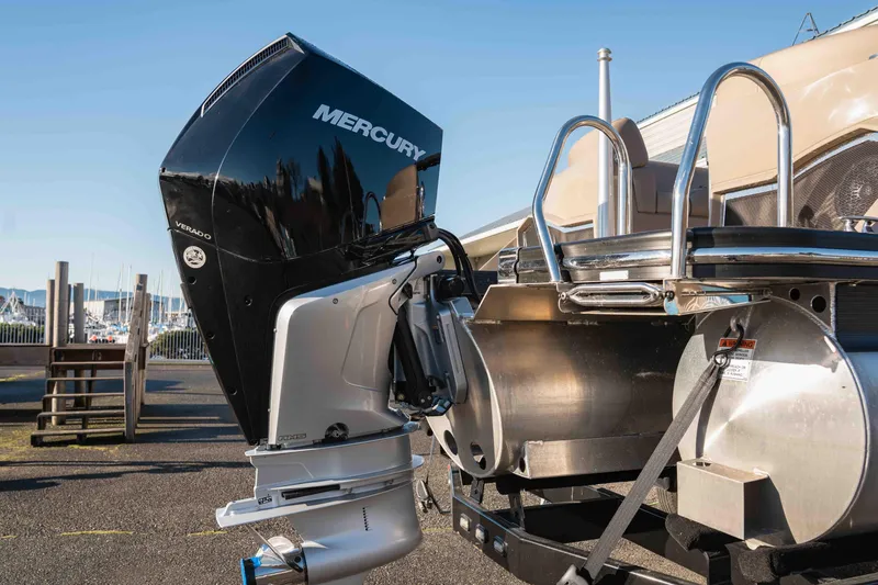  Yacht Photos Pics 2023 Bennington R25 FBAST boat with Mercury Verado outboard motor, docked at marina.