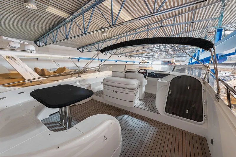  Yacht Photos Pics Luxury 2003 Princess 23m yacht interior with seating and helm, docked indoors.
