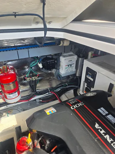  Yacht Photos Pics Engine compartment of a 2015 Regal 32 Express boat with Volvo Penta components.