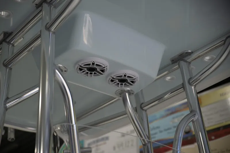  Yacht Photos Pics 2025 Contender 26 Bay boat speakers and metal framework detail.