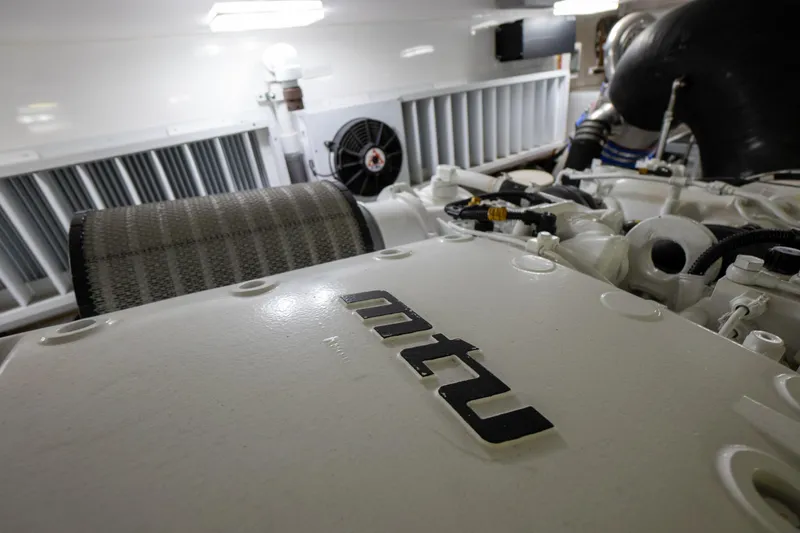 Galati Yacht Sales Trade Yacht Photos Pics Engine room of 2021 Viking 72 Enclosed Bridge yacht with MTU engine.