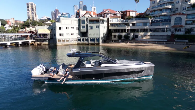  Yacht Photos Pics Luxury Schaefer V44 2024 yacht in urban waterfront setting.