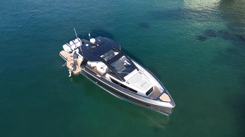  Yacht Photos Pics Aerial view of Schaefer V44 yacht in clear water.