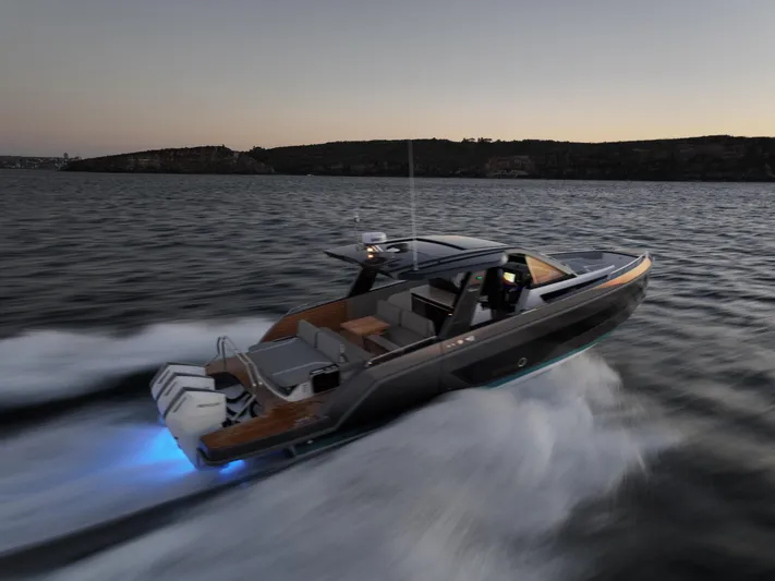  Yacht Photos Pics Schaefer V44 2024 yacht cruising at sunset on the sea.