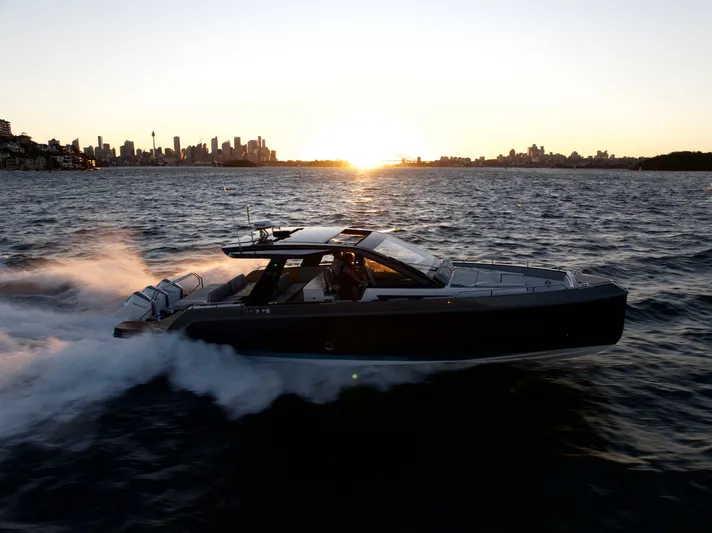  Yacht Photos Pics Schaefer V44 2024 yacht cruising at sunset on the water.