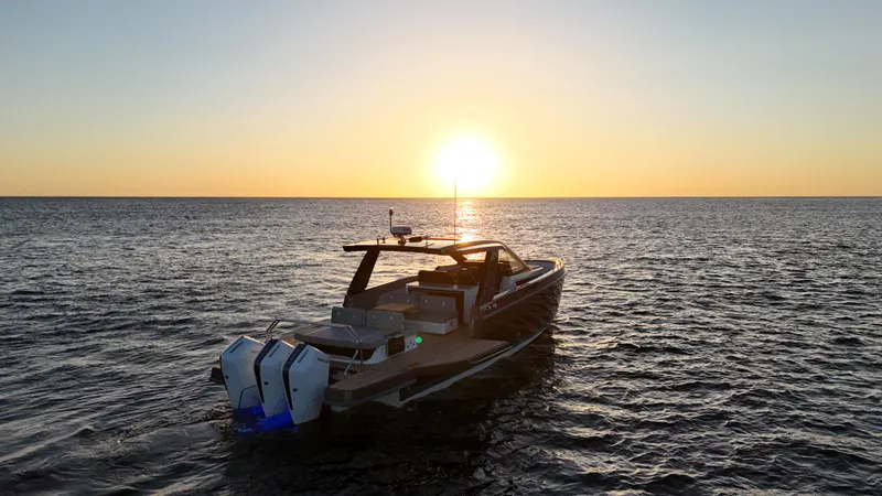  Yacht Photos Pics Schaefer V44 yacht 2024 at sunset on the sea.