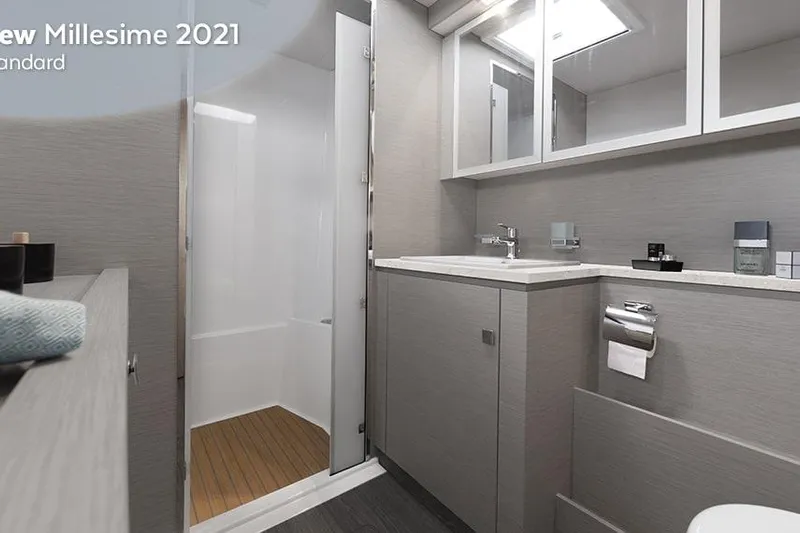  Yacht Photos Pics Modern bathroom interior of 2025 Fountaine Pajot MY6 yacht, featuring sleek design and amenities.