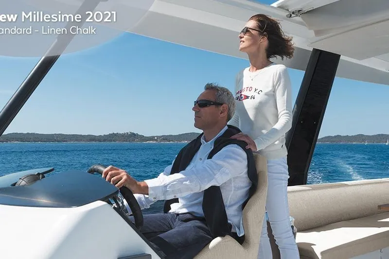  Yacht Photos Pics Couple enjoying a ride on a 2025 Fountaine Pajot MY6 yacht.