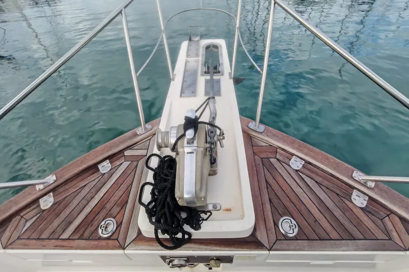 Sesaccia Yacht Photos Pics Bow of 2007 Grand Banks 47 Europa yacht with anchor and teak decking.