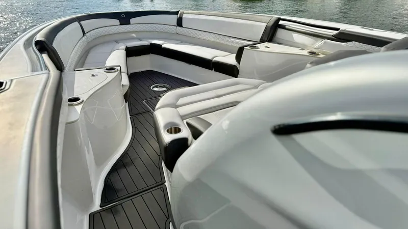  Yacht Photos Pics Luxury seating area on a 2020 Fountain 43NX boat, featuring sleek design and modern amenities.