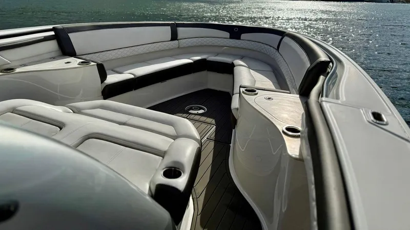 Yacht Photos Pics Luxurious seating area on a 2020 Fountain 43NX boat, with ocean view.