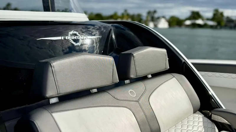  Yacht Photos Pics Luxury seating on a 2020 Fountain 43NX boat with stylish upholstery.