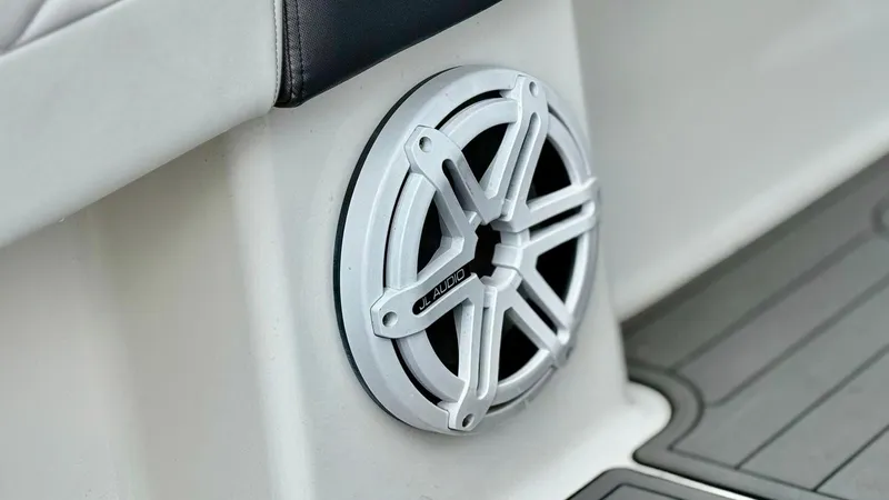  Yacht Photos Pics Speaker detail on 2020 Fountain 43NX boat, featuring sleek design and modern aesthetics.