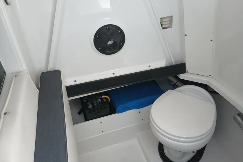  Yacht Photos Pics 2020 Blackfin 272 CC boat interior with toilet and storage compartment.