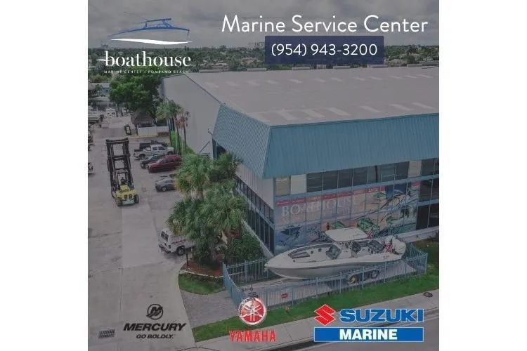  Yacht Photos Pics Aerial view of marine service center with 2020 Blackfin 272 CC boat displayed outside.