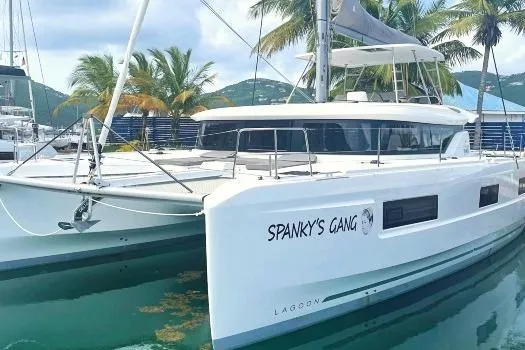Spanky's Gang Yacht Photos Pics 2021 Lagoon 46 catamaran docked, named "Spanky's Gang," with palm trees in the background.