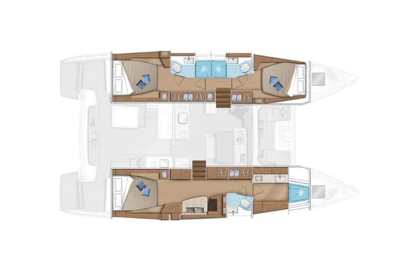 Spanky's Gang Yacht Photos Pics Floor plan of a 2021 Lagoon 46 catamaran, showcasing cabin and living areas.