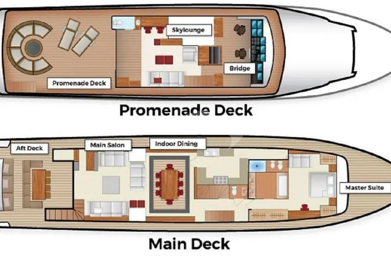 Sea Axis Yacht Photos Pics Floor plan of 1988 Heesen Trideck yacht, featuring promenade and main decks.