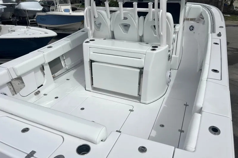  Yacht Photos Pics 2026 Sportsman Open 352 Center Console boat interior with seating and storage.