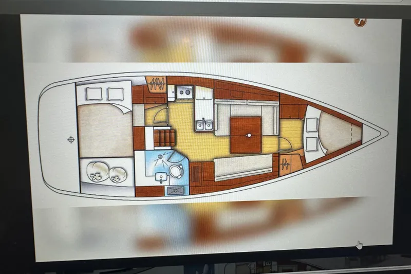  Yacht Photos Pics Floor plan of a 2013 Beneteau Oceanis 37 sailboat, featuring cabins and living areas.
