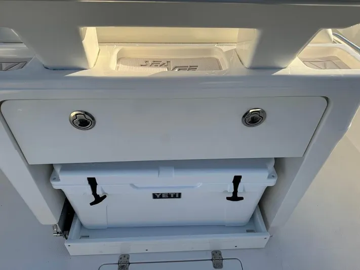  Yacht Photos Pics 2023 SeaVee 290B boat with Yeti cooler storage compartment.