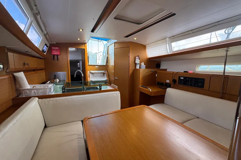 Sea Ranch II Yacht Photos Pics Interior of 2018 Jeanneau Sun Odyssey 389 sailboat with modern wood finish.